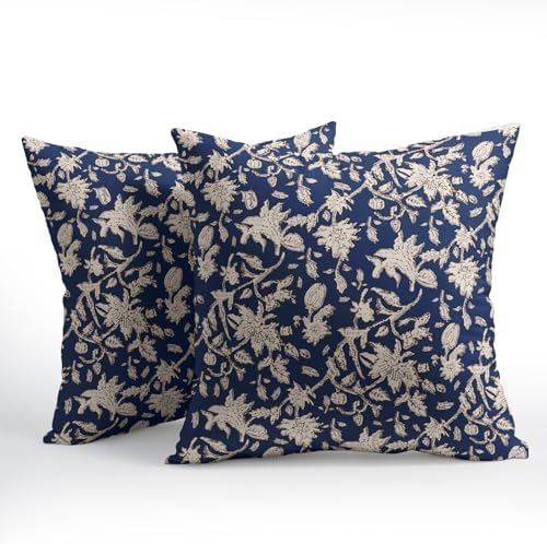 Navy Blue Floral Block Print Throw Pillow Covers 22x22 Inch Set of 2