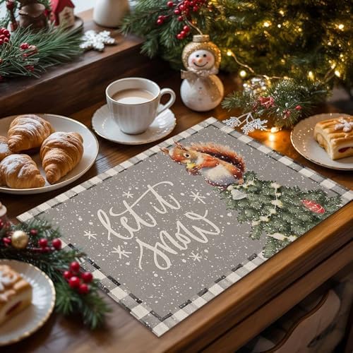 Placemats Set of 8, Christmas Tree Squirrel Winter Snowflake Washable
