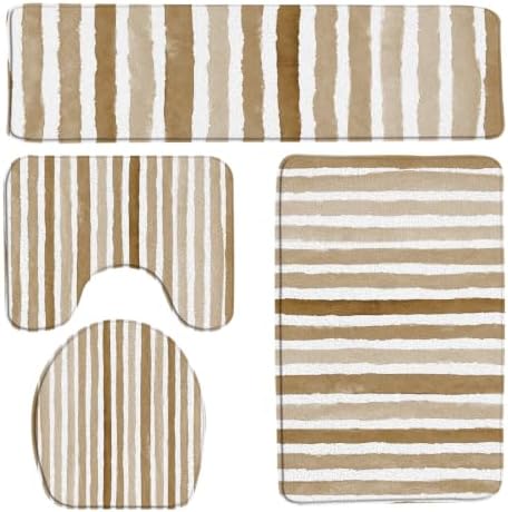 Brown and White Striped 4pcs Bath Mat Abstract Geometric