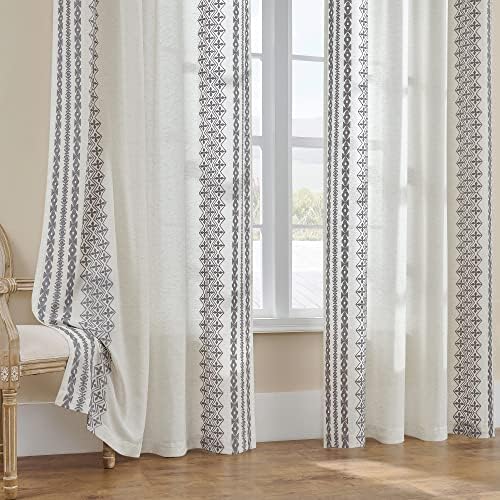 Boho Curtains 63 Inch Length 2 Panels Set Natural Linen Textured