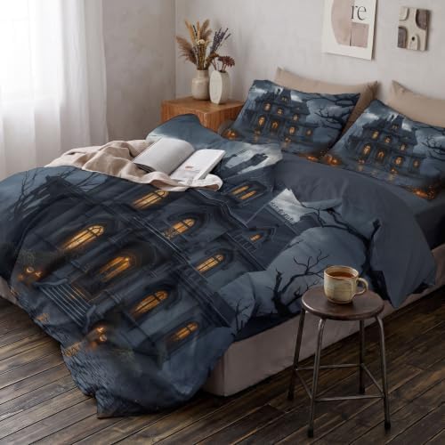 Charcoal Gray Night Sky Haunted House Duvet Cover Set For Women Girls