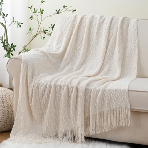 BATTILO HOME White Throw Blankets for Couch, Soft Ivory Blanket