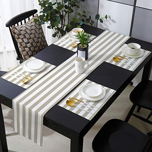 Table Runner and Placemats Set of 6 Tan and White Stripe Decorative