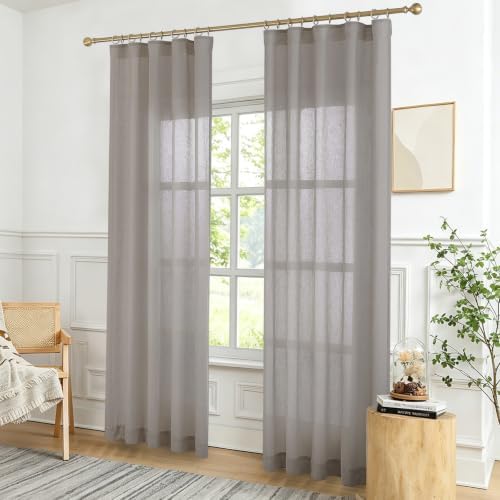 Linen Blend Semi Sheer Curtains 4-in-1 Header, 96 Inches Long