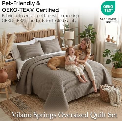 Oversized King Quilt w/ 2 Matching Quilted Pillow Shams, Dark Taupe