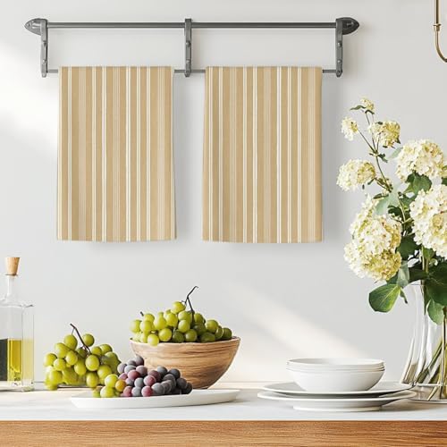 Brown Beige Striped Kitchen Towels Set of 3, Absorbent Dish Towels for