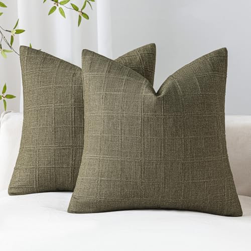 Decorative Linen Check Throw Pillow Covers Set of 2, 20"x20" Olive