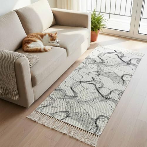 Abstract Smoky Waves Hallway Runner Rug 2'x5', Contemporary Gray White