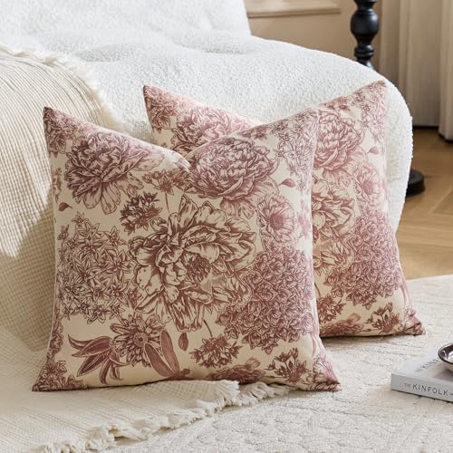 Floral Vintage Pillow Covers 18x18 Inch Set of 2 Red White Farmhouse