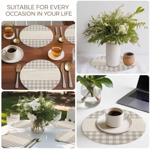 Round Placemat Set of 4 Gray Buffalo Check on Retro Linen Faux Leather