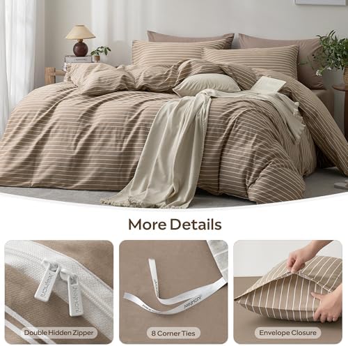 JELLYMONI 100% Cotton Wide Striped Queen Duvet Cover Set, White/Tan