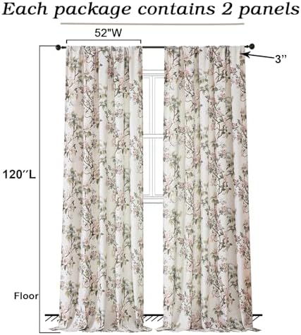 Simplebrand Natural Floral 120 Inch Curtains 2 Panels Set, Faux Linen