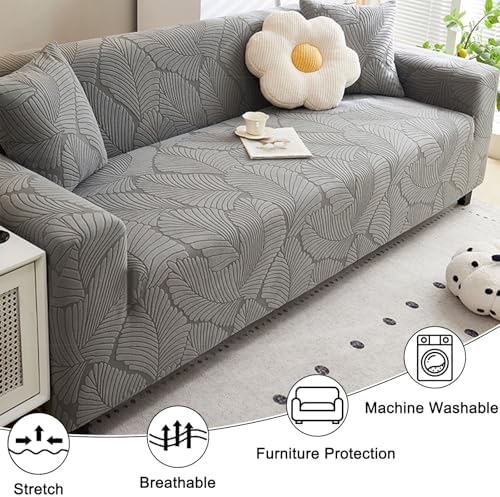 Stretch Soft Sofa Couch Cover, Neutral Leaf Embroidery Anti Slip