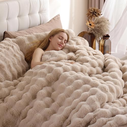 YIKUSH King Faux Fur Soft Comforter Set, Fluffy Linen Rabbit Fur