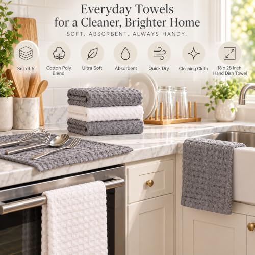 Nora Waffle Kitchen Towels Set of 6, Absorbent 18x28 Inch, Grey and