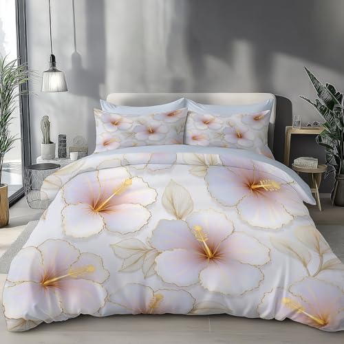 Simple Watercolor Hibiscus Flower Duvet Cover King 3Pcs, Breathable