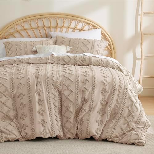 Bedsure Queen Size Light Khaki Sheet Set and Boho Duvet Cover Set with