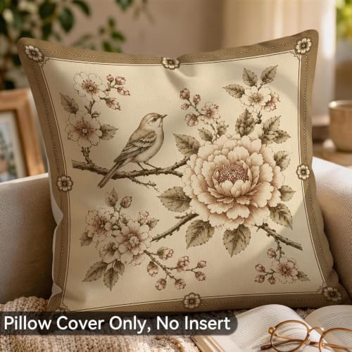 Vintage Beige Rose Bird Throw Pillow Covers Set of 2 18x18 Botanical