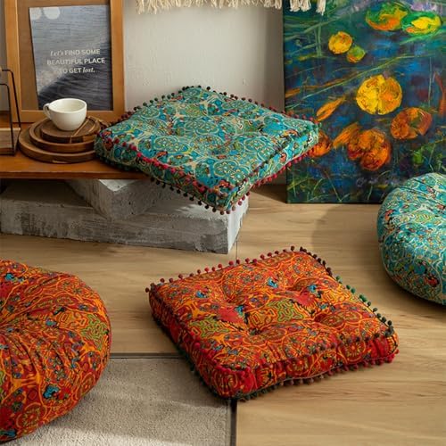 ELEFOCUS Blue Bohemian Seat Cushion,Indoor Boho Chair Cushions for