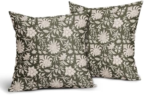 Olive Green Floral Pillow Covers 20x20 Set of 2 Cream Vintage Flower