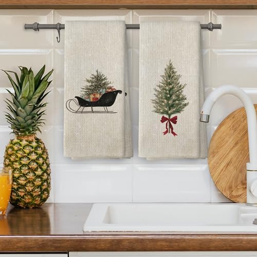 XPH Vintage Christmas Tree Kitchen Dish Towels Set of 2, Christmas