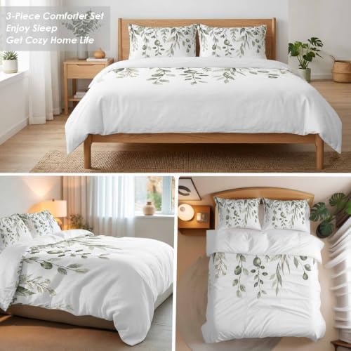 3 Pieces Bedding Set Queen Size, Eucalyptus Leaves Soft Duvet Covers