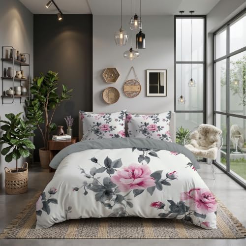 Grey Country Watercolor Roses King Duvet Cover Set Microfiber