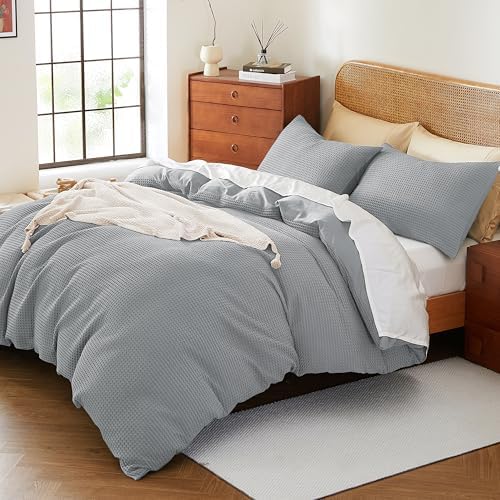 3Pcs 100% Egyptian Cotton Waffle Duvet Cover Set Queen 90 x 90, Gray