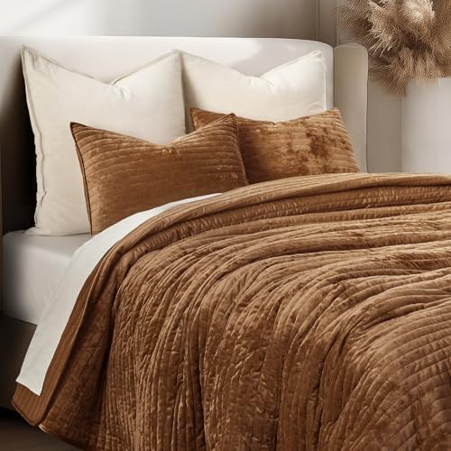 EverGrace Stripe Channel Luxury Velvet Quilt Set King Size, Dark Brown