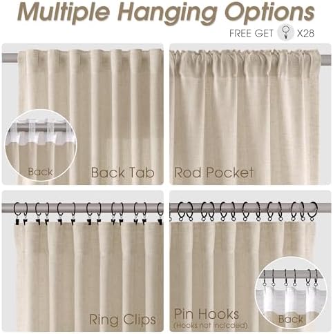 Nanspring Linen Curtain 84 Inch Long for Living Room Hook Belt Birch
