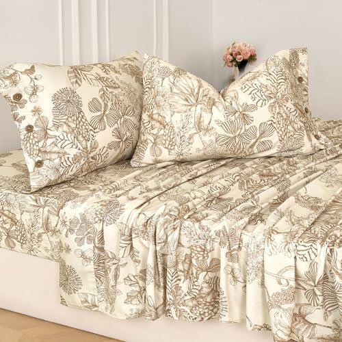 Zusbest Beige King Size Sheets 400TC 100% Brushed Cotton Flannel-Like
