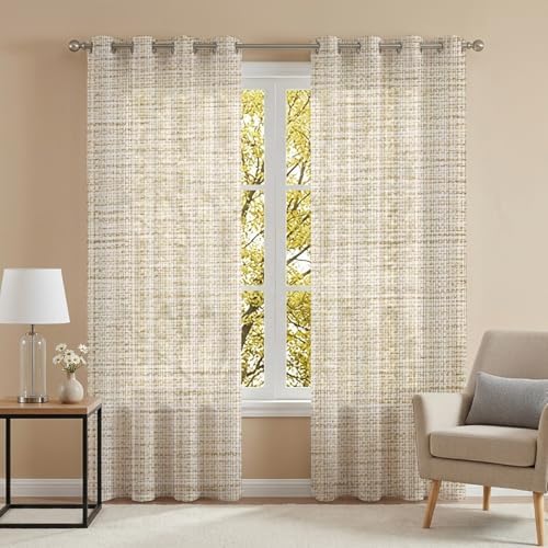 Brown Sheer Curtains 96 Inch Long 2 Panels, Linen Texture Modern