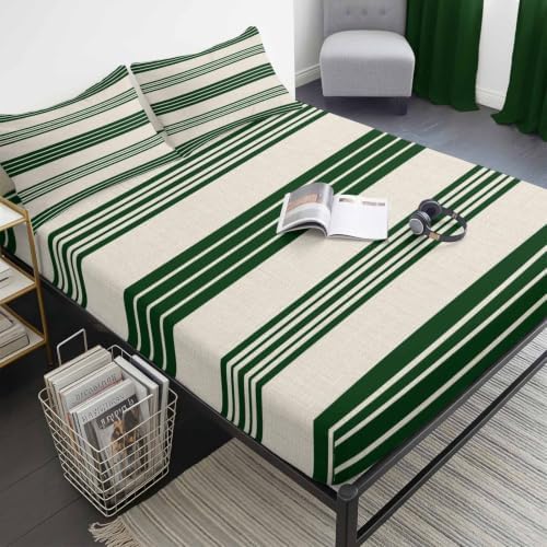 Queen Fitted Sheet Deep Pocket, Forest Green and Beige Stripe Soft