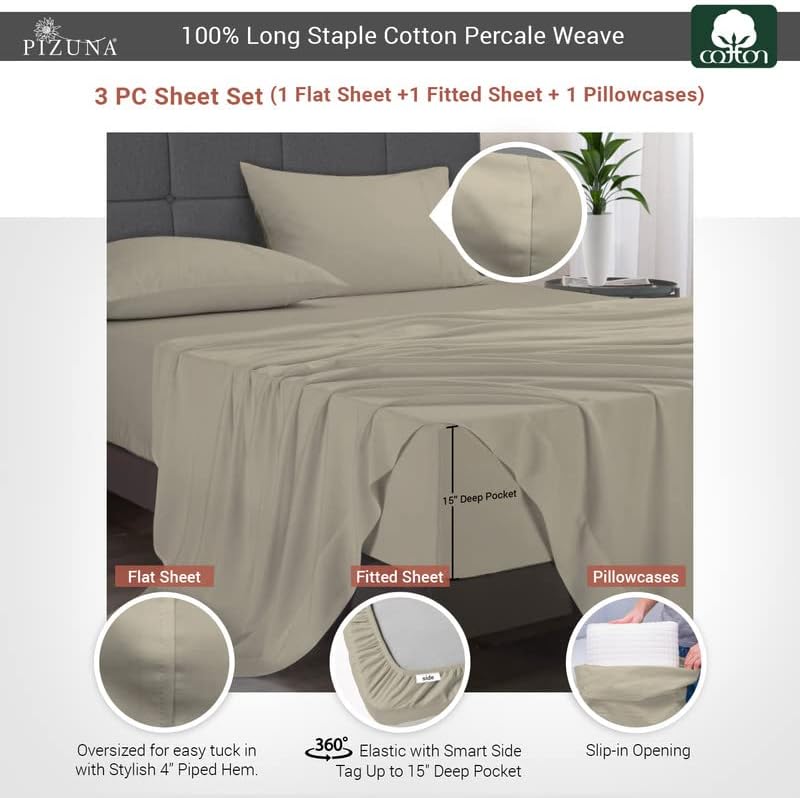 Pizuna Cotton Twin XL Sheets Set Percale, Simply Taupe
