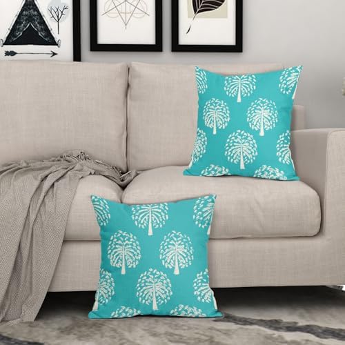 Aqua White Tree Pillow Covers 22X22 Inch Set of 2 Vintage Boho