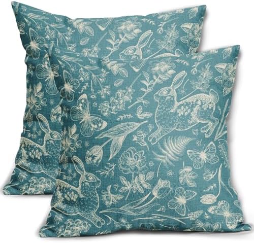 Teal Spring Easter Pillow Covers 22x22 Inch Set of 2 Rabbit Bunny