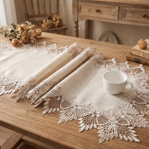 Beige Lace Coffee Table Runners 36 inches Neutral Linen Table Runner