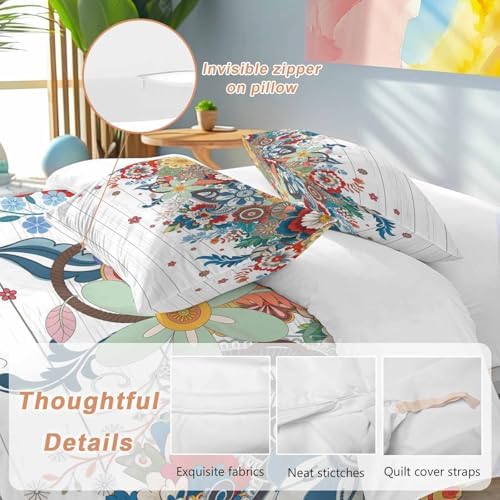 Boho Flowers Bedding Full Duvet Cover Set, 3 Piece Microfiber Soft