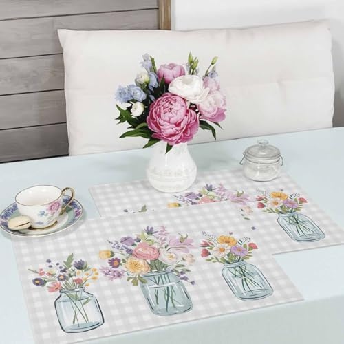 Placemats Set of 8, Farm Watercolor Flower Bottle Washable Table Mats