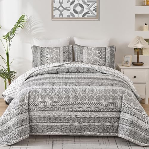 WONGS BEDDING Boho King Quilt Set,3 Pcs Grey Bedspread Covrtlet Set