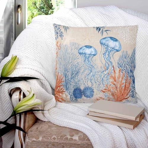 16x16 Pillow Covers Set of 2, Coastal Jellyfish Throw Pillow Covers