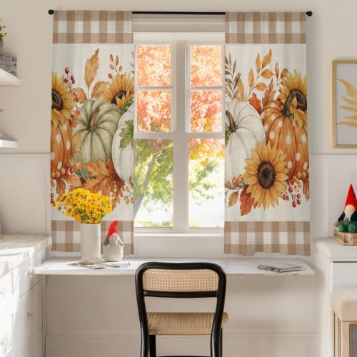 Savannan Semi Sheer Curtains Panels, Thanksgiving Pumpkin Brown Plaid
