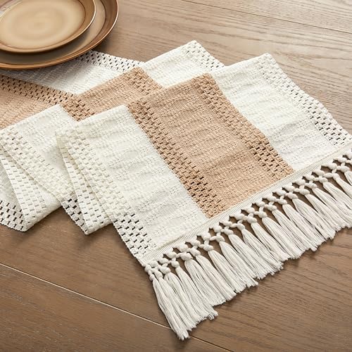 ZeeMart Macrame Style Bicolor Stitching Table Runner 14x36in Beige