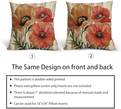 Vintage Red and Orange Floral Throw Pillow Covers 18x18 Inch Set of 2