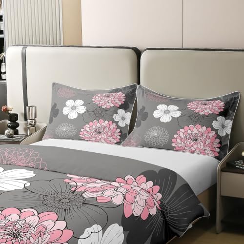 Feelyou Pink Gray Floral Boho Duvet Cover 100% Cotton Queen Size