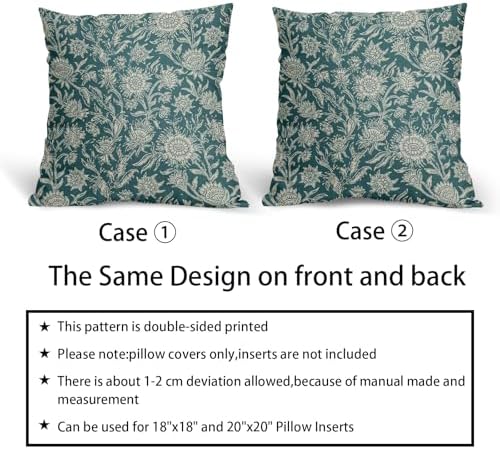 Teal Vintage Floral Pillow Covers 20x20 Inch Set of 2 Neutral Flower