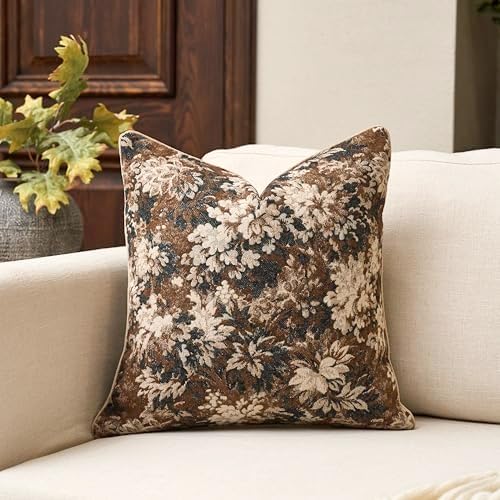 Yangest Neutral Floral Pillow Cover 20 x 20 Inches, Vintage Chenille