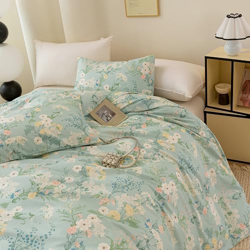 ECOCOTT Floral Duvet Cover Queen Size -3pcs Mint Blue Garden Flower