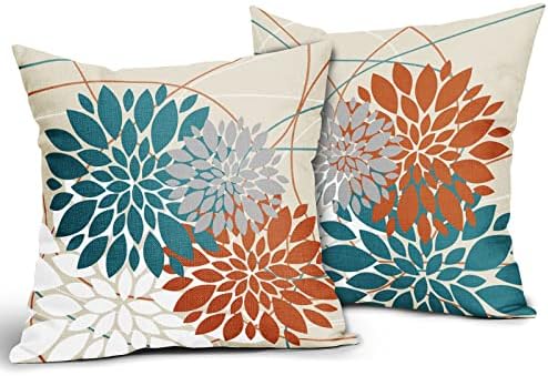 Teal Orange Pillow Covers 20x20 Dahlia Flower White Gray Elegant
