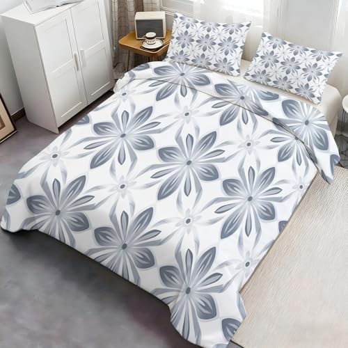 Grey Floral Duvet Cover King Size, Vintage Flower Comforter Cover 104"